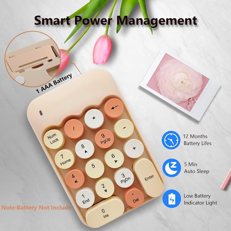Seaciyan Wireless Number Pad, Ergonomic Cute Colorful Retro Mini Portable Numeric Keypad, 2.4G Cordless External Keyboard for Computer, Laptop (Milk Tea) - Image 4